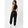 Kadın Siyah Kaşkorse Cepli Jogger Eşofman Altı ve Crop Top Bluz