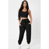 Kadın Siyah Kaşkorse Cepli Jogger Eşofman Altı ve Crop Top Bluz