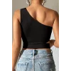 Kadın Siyah Tek Kol Cut Out Göbek Dekolteli Crop Top Bluz – Şık, Rahat ve Kolay Kombinlenebilir