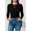 Kadın Siyah Uzun Kollu Fit Basic Crop Top Bluz