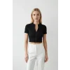 Kadın Siyah Yarım Fermuarlı ve Kısa Kollu Crop Top Bluz