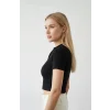 Kadın Siyah Yarım Fermuarlı ve Kısa Kollu Crop Top Bluz