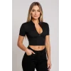 Kadın Siyah Yarım Fermuarlı ve Kısa Kollu Crop Top Bluz