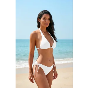 Kadın Beyaz Belden, Boyundan Bağlamalı ve Ayarlanabilir Külotlu Üçgen Bikini Mayo Takımı – Modern, Konforlu ve Günlük Kombinlere Uygun