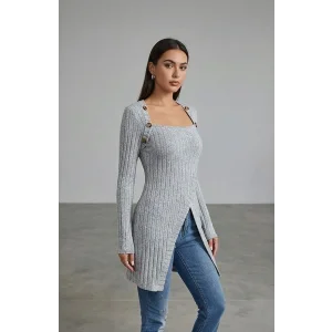 Kadın Gri Düğme Detaylı Kare Yaka Fitilli Asimetrik Etekli Uzun Kollu Bluz