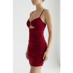 Kadın Bordo Drapeli Dekolteli Taş Halka Detaylı Şık Mini Gecelik