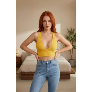 Kadın Sarı Çapraz Sırt Detaylı Şık Crop Top Büstiyer – Modern ve Şık Tasarım