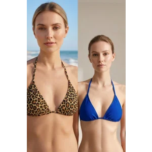 Kadın Leopar Desenli ve Mavi Minimal Kesim Üçgen Bikini Üstü – Modern ve Şık Tasarım