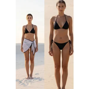 Kadın Siyah Beyaz Pareolu Yandan ve Boyundan Bağlamalı 3lü Bikini Takımı – Modern, Konforlu ve Günlük Kombinlere Uygun