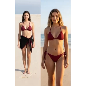 Kadın Bordo Siyah Pareolu Yandan ve Boyundan Bağlamalı 3lü Bikini Takımı – Modern, Konforlu ve Günlük Kombinlere Uygun