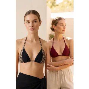 Kadın Leopar Desenli ve Bordo Minimal Kesim Üçgen Bikini Üstü – Modern ve Şık Tasarım