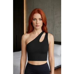 Kadın Siyah Tek Omuz Cut Out Detaylı Crop Top Bluz – Şık, Rahat ve Kolay Kombinlenebilir