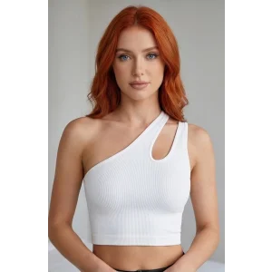 Kadın Beyaz Tek Omuz Cut Out Detaylı Crop Top Bluz – Şık, Rahat ve Kolay Kombinlenebilir