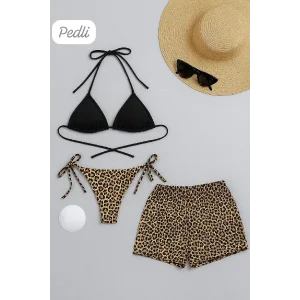Kadın 3lü Set Siyah ve Leopar Desenli Şortlu Yandan Bağlamalı Bikini Mayo Takımı