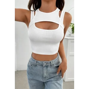 Kadın Beyaz Kalın Askılı Cut Out Dekolteli Crop Top Bluz – Şık, Rahat ve Kolay Kombinlenebilir