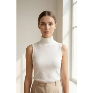 Kadın Beyaz Kolsuz Balıkçı Yaka Basic Bluz