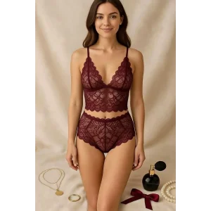 Kadın Bordo Dantel Bralet Şort Takımı – Asil ve Sofistike İç Giyim