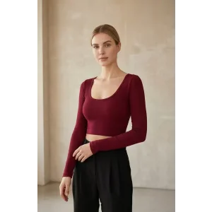 Kadın Bordo Uzun Kol Kare Yaka Crop Top Bluz