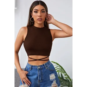 Kadın Kahverengi Çapraz Bağlamalı Crop Top Büstiyer – Modern ve Şık Tasarım