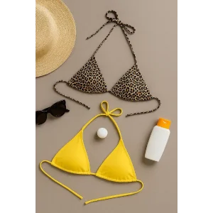 Kadın Leopar Desenli ve Sarı Minimal Kesim Üçgen Bikini Üstü – Modern ve Şık Tasarım