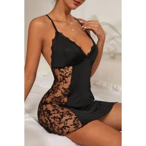 Kadın Siyah Çapraz Sırt Dekolteli Transparan Dantel Gecelik