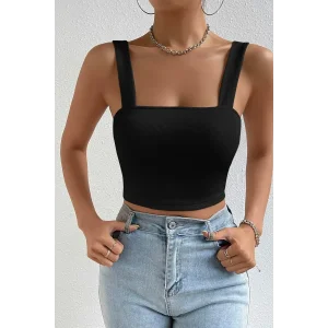 Kadın Siyah Kare Yaka Kalın Askılı Dekolteli Crop Top Bluz – Şık, Rahat ve Kolay Kombinlenebilir