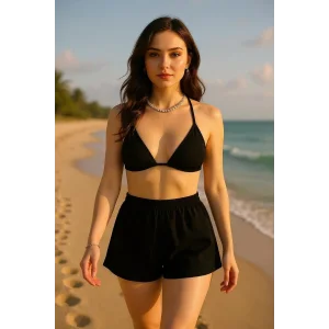 Kadın Siyah Şortlu Belden ve Boyundan Bağlamalı Bikini Takımı – Modern, Konforlu ve Günlük Kombinlere Uygun