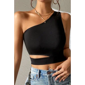 Kadın Siyah Tek Kol Cut Out Göbek Dekolteli Crop Top Bluz – Şık, Rahat ve Kolay Kombinlenebilir