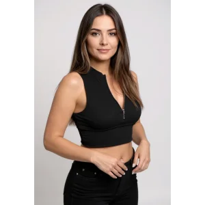 Kadın Siyah Yarım Fermuarlı Sıfır Kol Crop Top Bluz – Şık, Rahat ve Kolay Kombinlenebilir