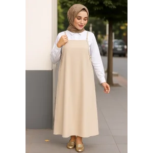 Kadın Taş Rengi Basic Ayarlanabilir Askılı Jile Elbise