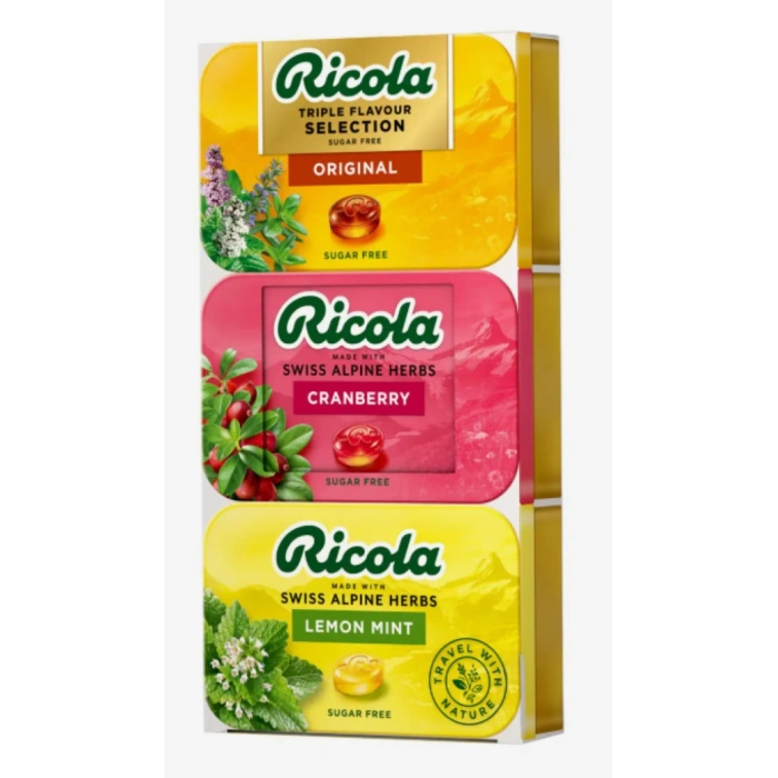 Ricola Trıple Flavour Selectıon Sugar Free Orıgınal Cranberry Lemon Mint Travel Wıth Nature 3 x 75 g