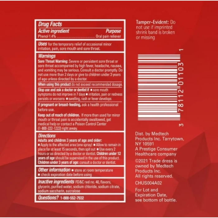 Chloraseptic Sore Throat Fast Actıng Numbs Throat in Seconds Cherry Sprey 177 ml