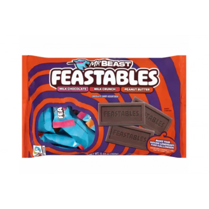Mr Beast Feastables Milk Chocolate ,Milk Crunch, Peanut Butter Chocolate Mini Ambalajlarda Karışık Çikolata Poşeti 360 gr