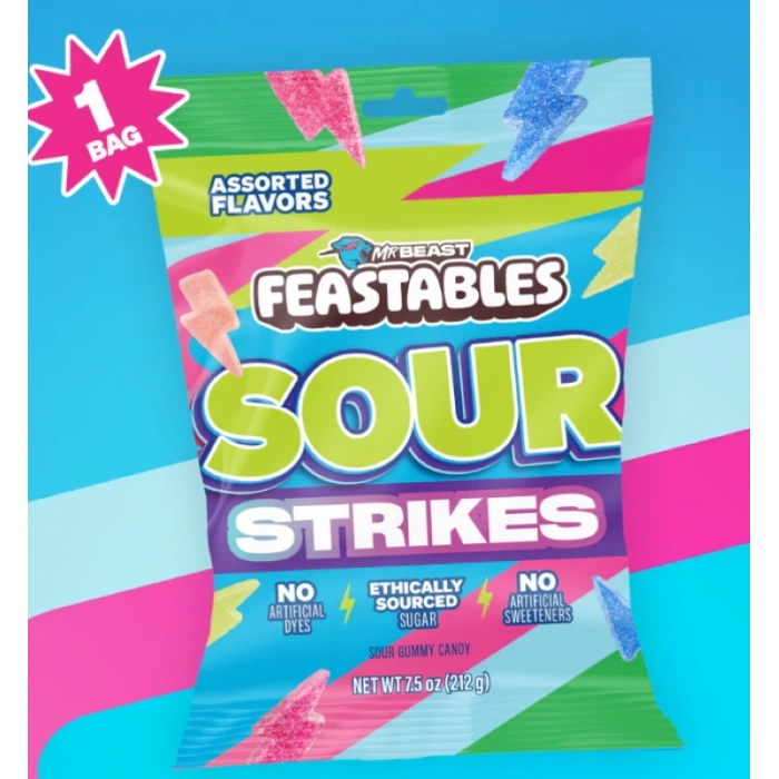 Mr Beast Feastables Sour Strıkes Assorted Flavors Gummy Candy 212 gr