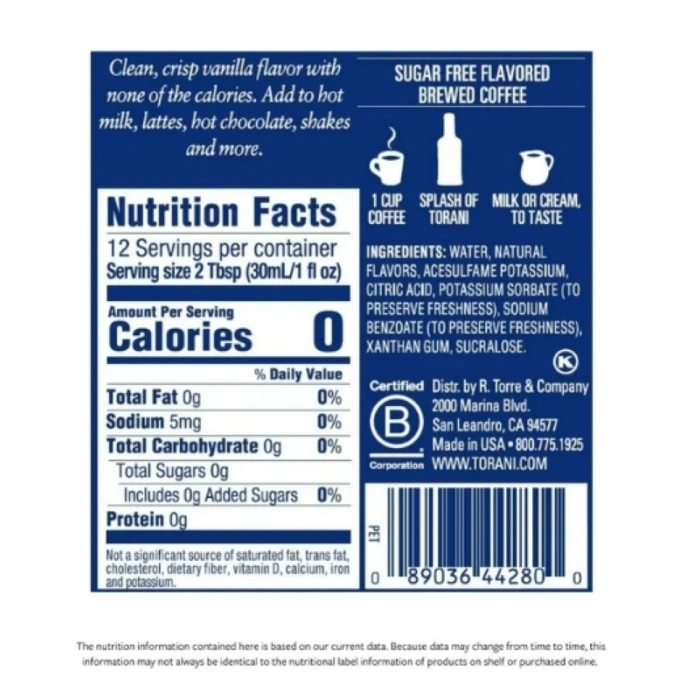 Torani Sugar Free Vanılla Syrup 375 ml