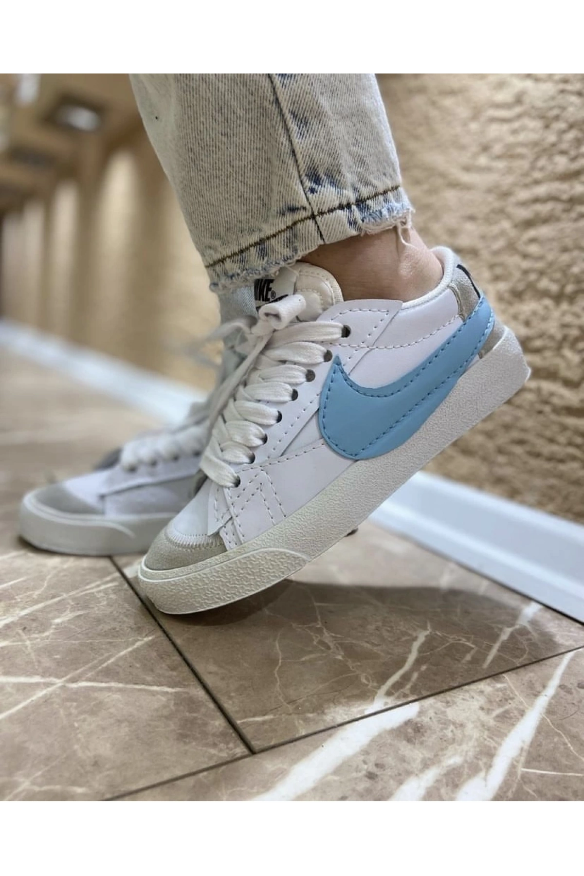Nike Blazer Kısa Beyaz Mavi İthal Spor Ayakkabı