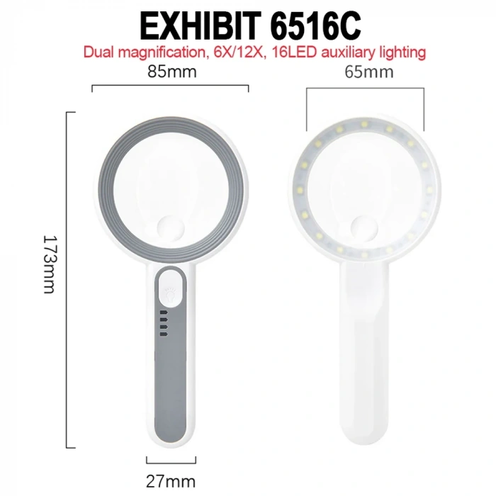 BÜYÜTEÇ, USB, TYPE-C SARJLI, 16 LED IŞIKLI, BÜYÜTEÇ , 6X + 12X BÜYÜTME, MAGNIFIER