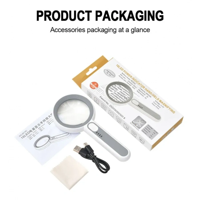 BÜYÜTEÇ, USB, TYPE-C SARJLI, 16 LED IŞIKLI, BÜYÜTEÇ , 6X + 12X BÜYÜTME, MAGNIFIER