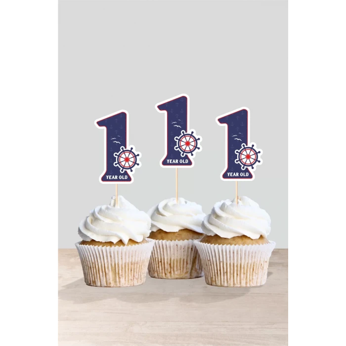 Denizci Temalı * 1 (bir) Yaşında Cupcake Süsü 10lu