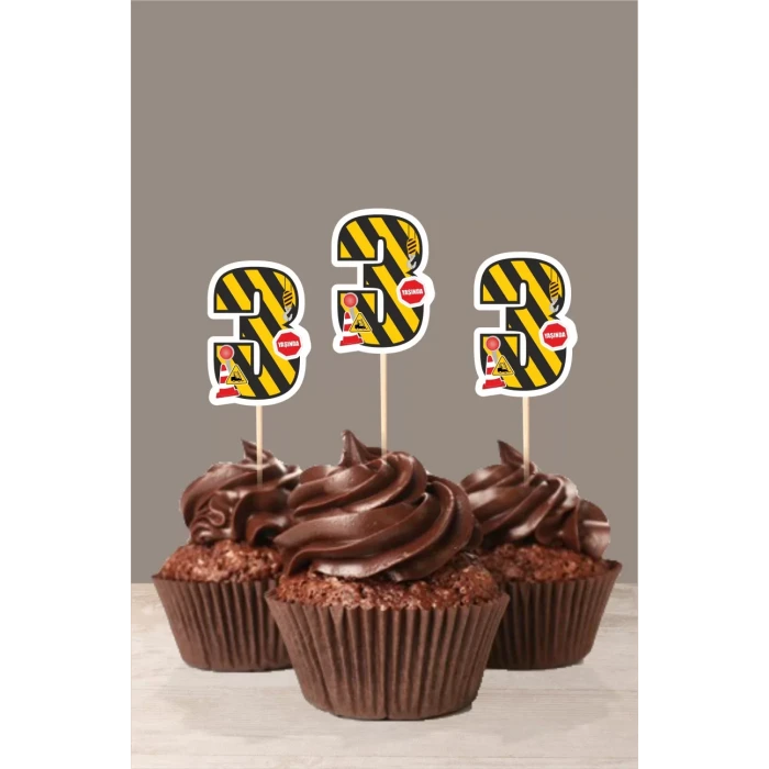 İş Makinaları Temalı * 3 (üç) Yaşında Cupcake Süsü 10lu