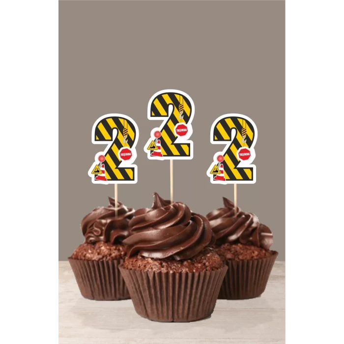 İş Makinası Temalı * 2 (iki) Yaşında Cupcake Süsü 10lu