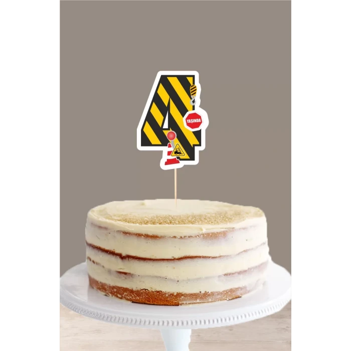 İş Makinaları Temalı 4 Yaşında (dört) Pasta Süsü *Kalın Kağıt