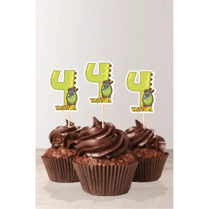 Dinozor Temalı * 4 (dört) Yaşında Cupcake Süsü 10lu