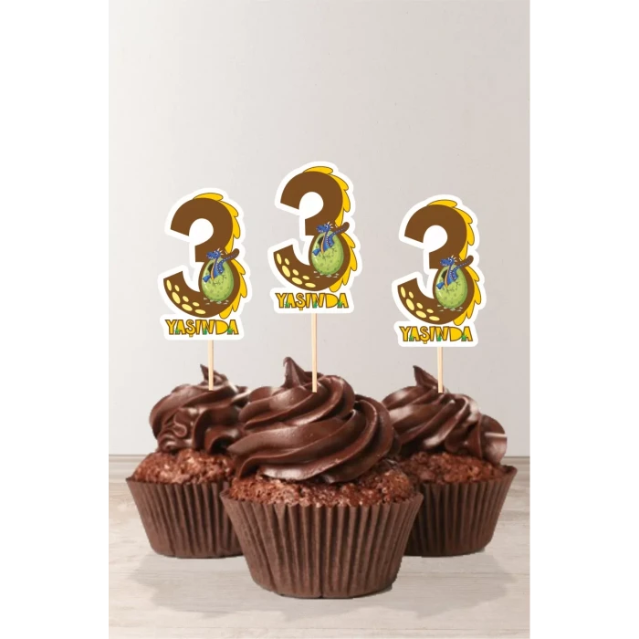 Dinozor Temalı * 3 (üç) Yaşında Cupcake Süsü 10lu