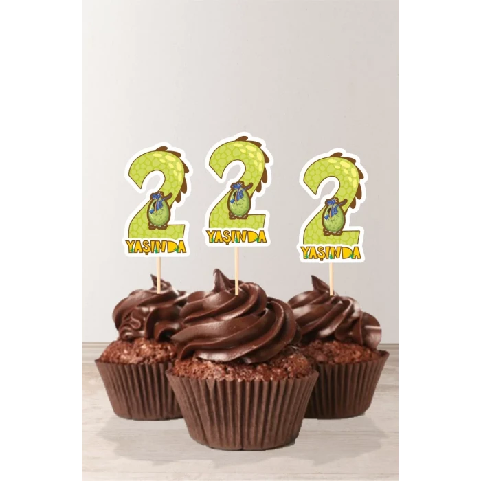 Dinozor Temalı * 2 (iki) Yaşında Cupcake Süsü 10lu