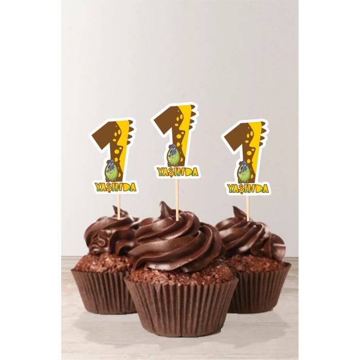 Dinozor Temalı * 1 (bir) Yaşında Cupcake Süsü 10lu