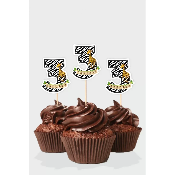 Safari Temalı * 3 (üç) Yaşında Cupcake Süsü 10lu