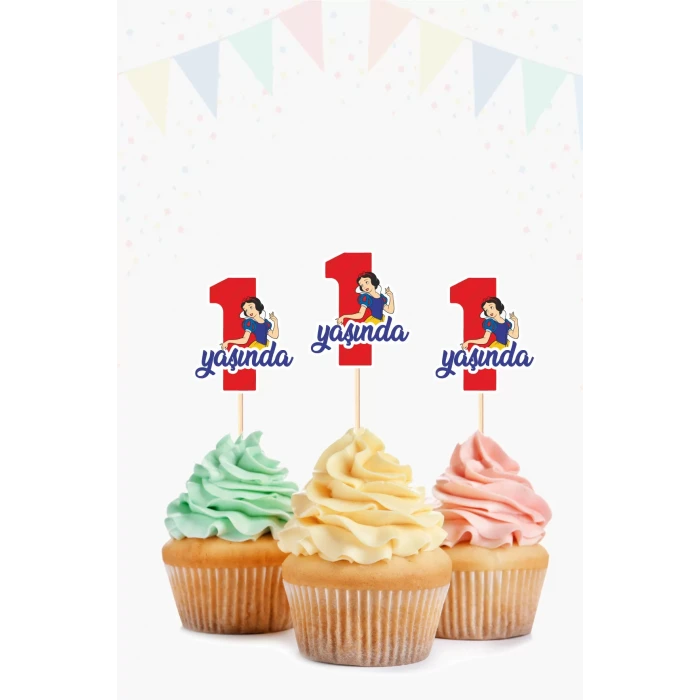 Pamuk Prenses Temalı * 1 (bir) Yaşında Cupcake Süsü 10lu