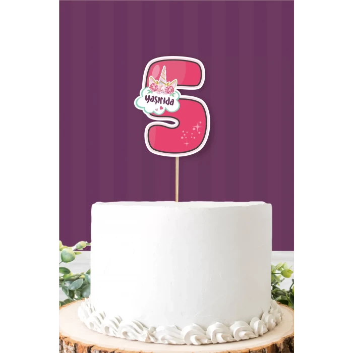 Unicorn Temalı 5 Yaşında (beş) Pasta Süsü *Kalın Kağıt