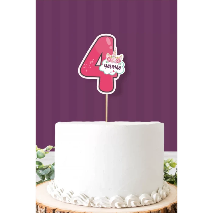 Unicorn Temalı 4 Yaşında (dört) Pasta Süsü *Kalın Kağıt
